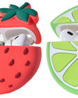 Two fruit silicone AirPods Pro cases and cleaning tool set on white background