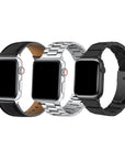 3-Pack Apple Watch Bands - Black Leather, Silver Steel Link, and Black Steel Link Bands
