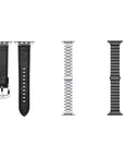 Apple Watch Band Styles Flat Lay - Black Leather, Black Silicone Sport Band, and Stainless Steel Link Bands