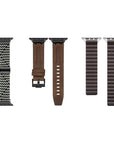Apple Watch Band Styles Flat Lay - Black Braided, Brown Leather, and Brown Braided Loop Bands
