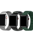Apple Watch with Interchangeable Bands - Silver Steel Link, Black Braided Loop, and Green Braided Loop