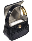 Black croc mini bag AirPods case, flap open, empty interior