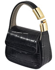 Black croc embossed AirPods case purse, closed, angled view