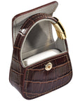 Brown croc mini bag AirPods case, flap open, empty interior