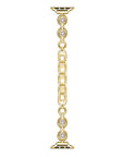Flat lay of Posh Tech Millie gold pearl Apple Watch band showing full chain and pearl design
