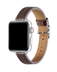 Carmen Perforated Leather Band for Apple Watch in Chocolate, worn on watch showing perforated leather texture and silver hardware