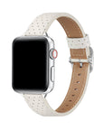 Carmen Perforated Leather Band for Apple Watch in Ivory, worn on watch showing perforated leather texture and silver hardware