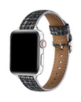 Carmen Tartan Apple Watch band in Midnight, worn on wrist with hardware