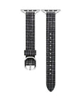 Close-up of Carmen Tartan Apple Watch band in Midnight showing tartan print and stitching