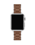 A silver smartwatch with a rectangular black screen and a brown silicone link band, shown from the front on a plain white background.