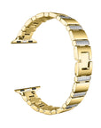 Gold rhinestone stainless steel Apple Watch® band unclasped, flat-lay view of the link bracelet
