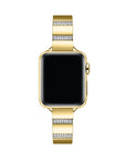 Gold rhinestone stainless steel Apple Watch® band fastened on the watch case, alternate angle