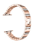 Rose Gold rhinestone stainless steel Apple Watch® band unclasped, flat-lay view of the link bracelet