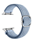 Aura Blue nylon loop Apple Watch band shown in a closed loop, front and back view