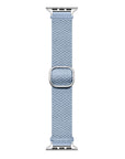 Aura Blue braided nylon Apple Watch band laid flat showing woven texture and sliding buckle