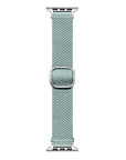 Sage Green braided nylon Apple Watch band laid flat showing woven texture and sliding buckle