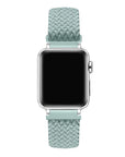 Sage Green nylon loop Apple Watch band on watch face, front view