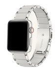 Silver and grey silicone Apple Watch band angled view on watch
