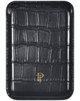 Black croc embossed leather magnetic phone wallet with gold logo, front view