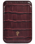 Cherry red croc embossed leather magnetic phone wallet, flat lay front view
