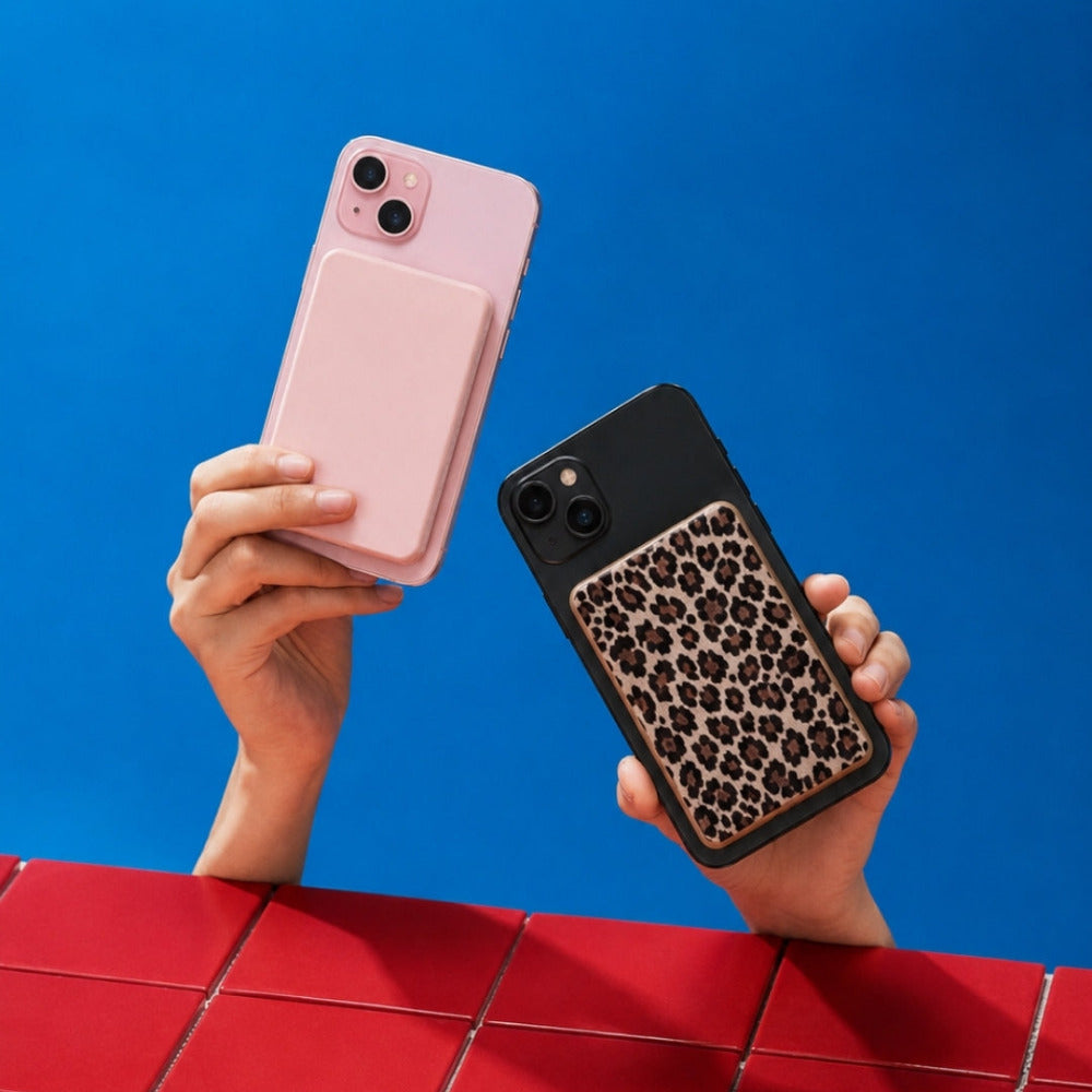 Posh Tech magnetic power banks in pink and leopard print on iPhones
