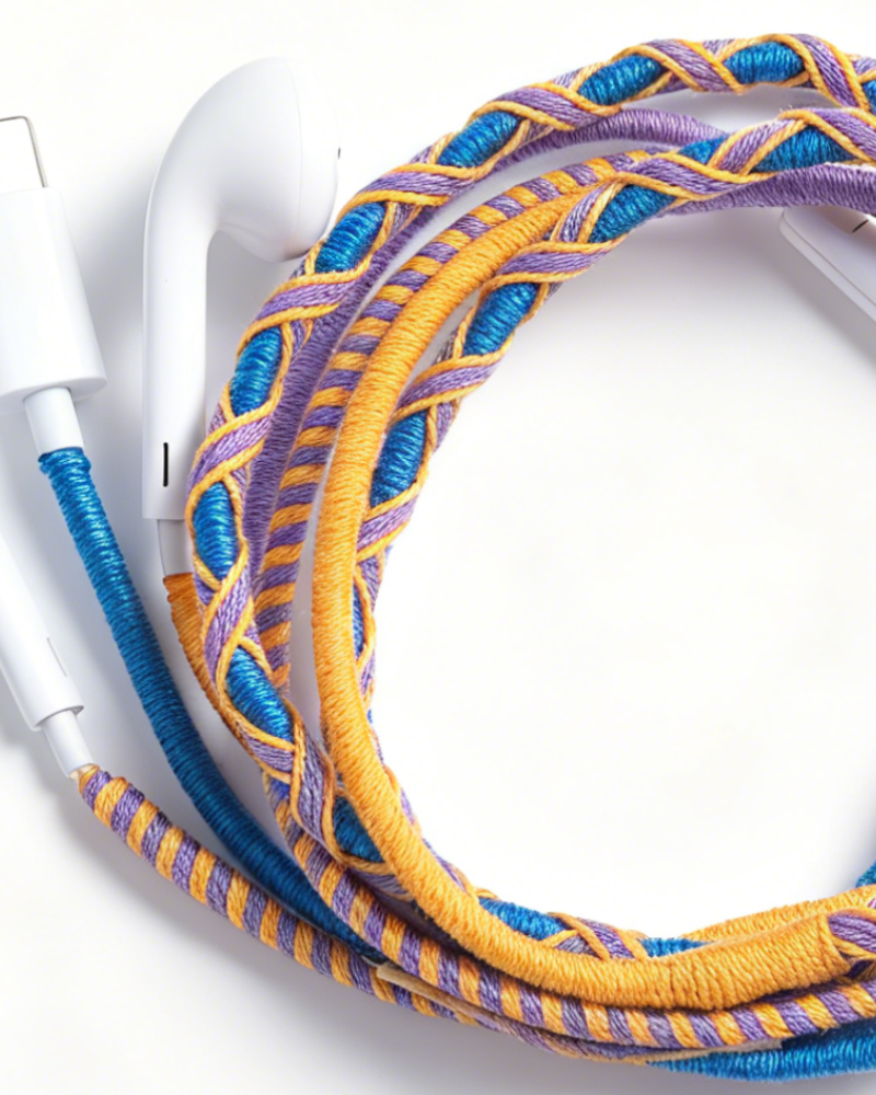 A close-up of white wired earbuds with a thick braided cable in blue, purple, and yellow, arranged on a clean white background.