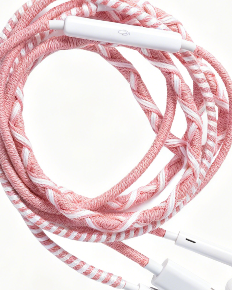 A close-up of a braided pink and white cable with white connector ends and a white inline control module, photographed on a clean white background.