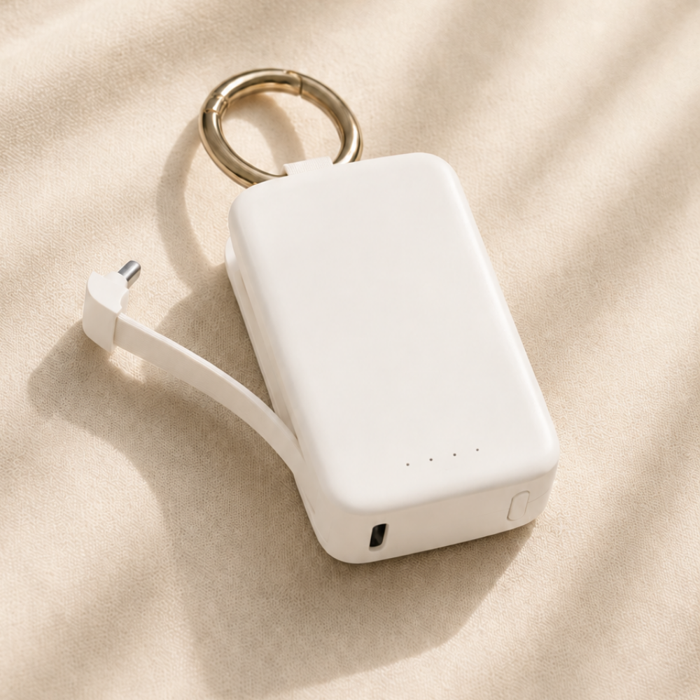 Ivory Posh Tech Keychain Power Bank with gold-tone key ring and built-in charging cable on beige linen