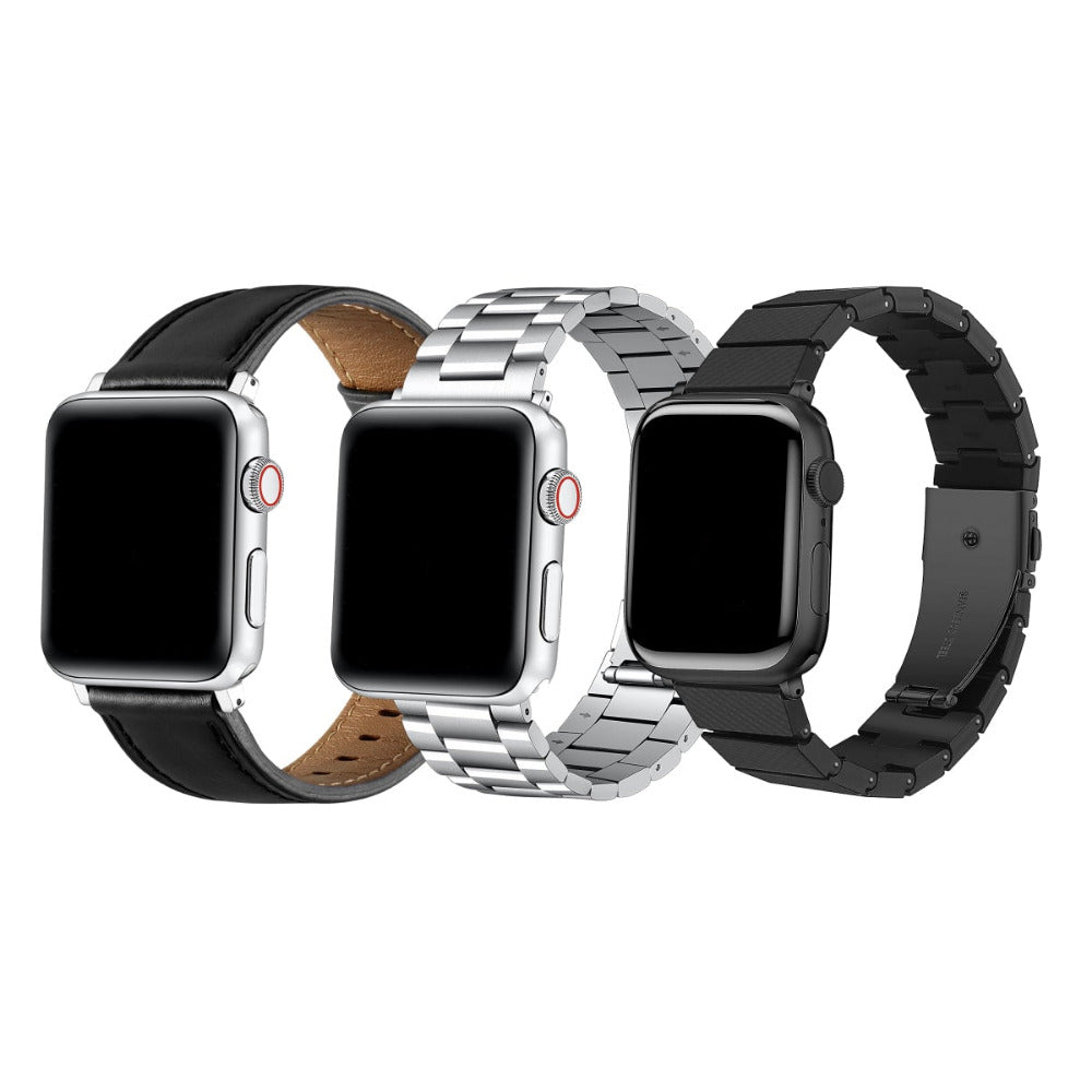3-Pack Apple Watch Bands - Black Leather, Silver Steel Link, and Black Steel Link Bands