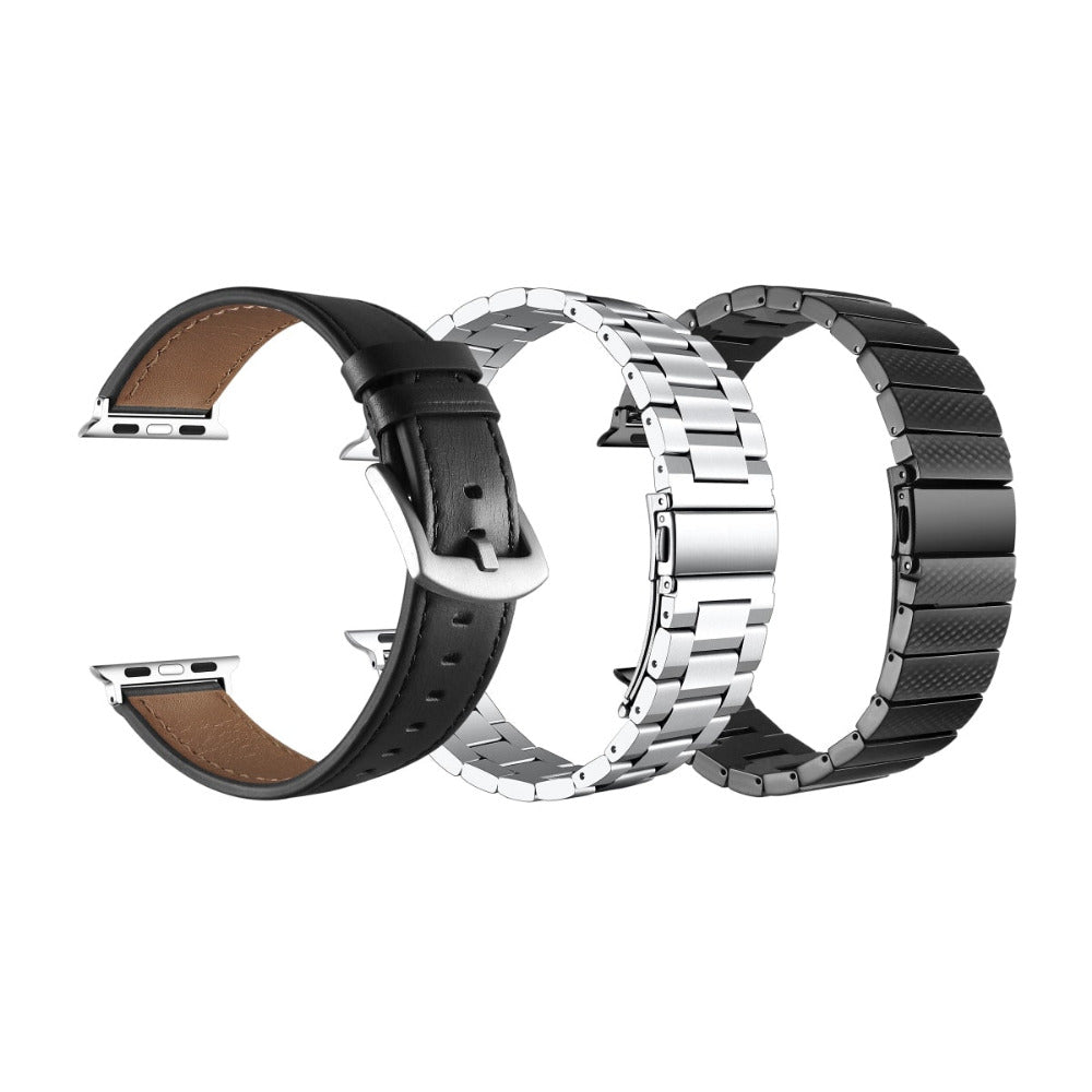 Close-up of Apple Watch Band 3-Pack - Black Leather and Stainless Steel Link Bands