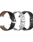 Close-up of Apple Watch Band 3-Pack - Black Leather and Stainless Steel Link Bands