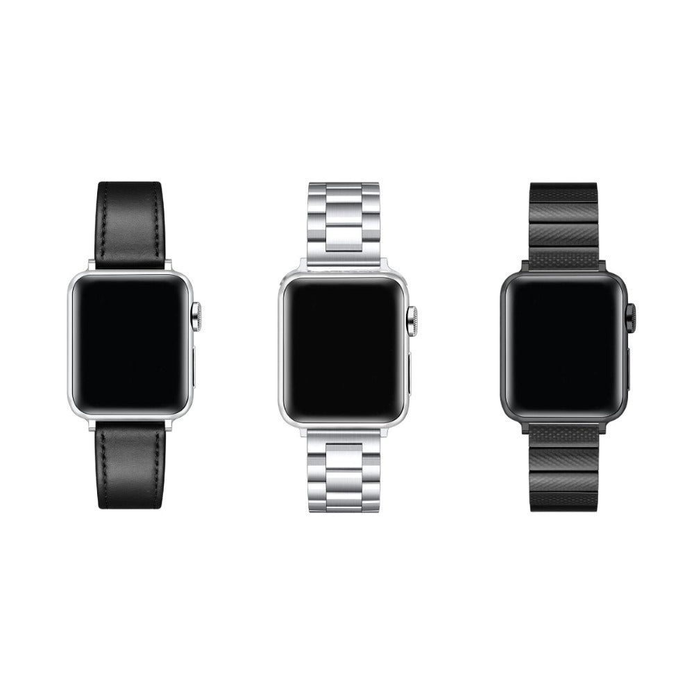 Apple Watch with Interchangeable Bands - Black Leather, Silver Steel Link, and Black Steel Link