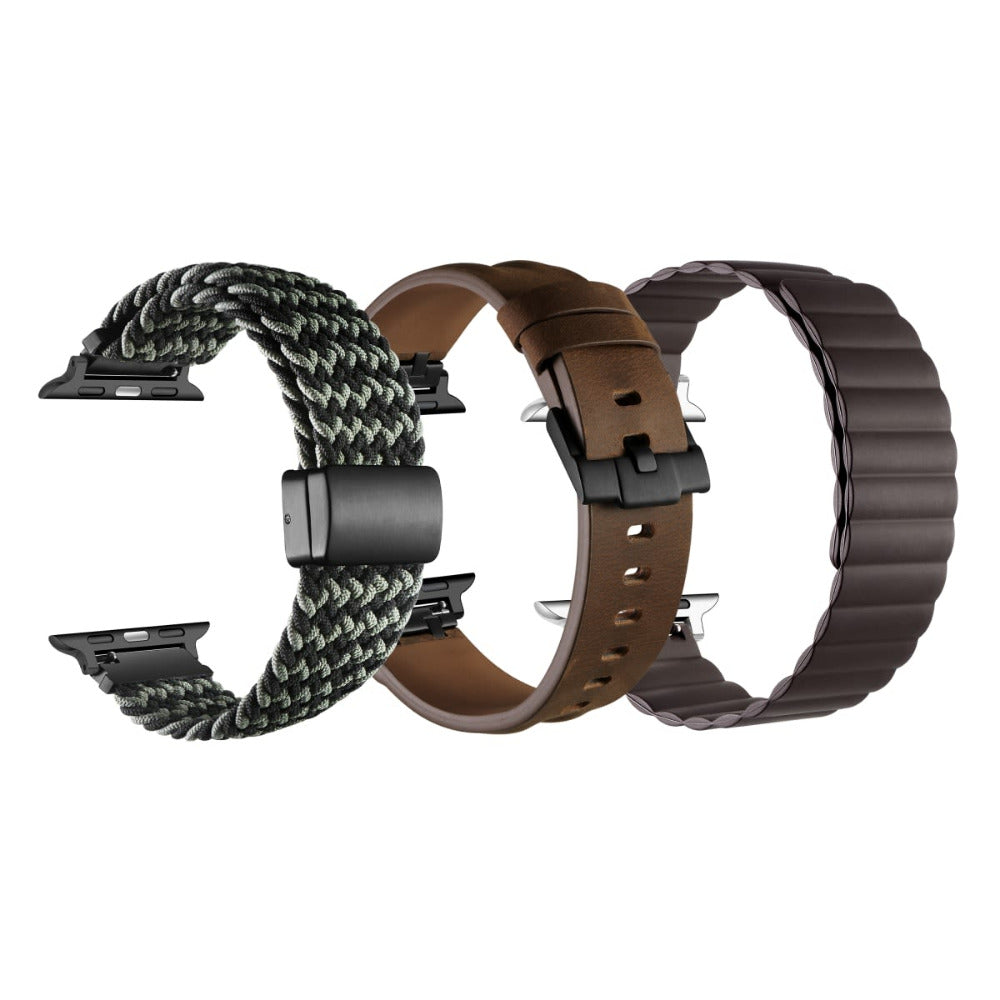 Apple Watch Band Styles Flat Lay - Black Braided Loop, Brown Leather, and Black Braided Loop Bands