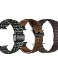 Apple Watch Band Styles Flat Lay - Black Braided Loop, Brown Leather, and Black Braided Loop Bands