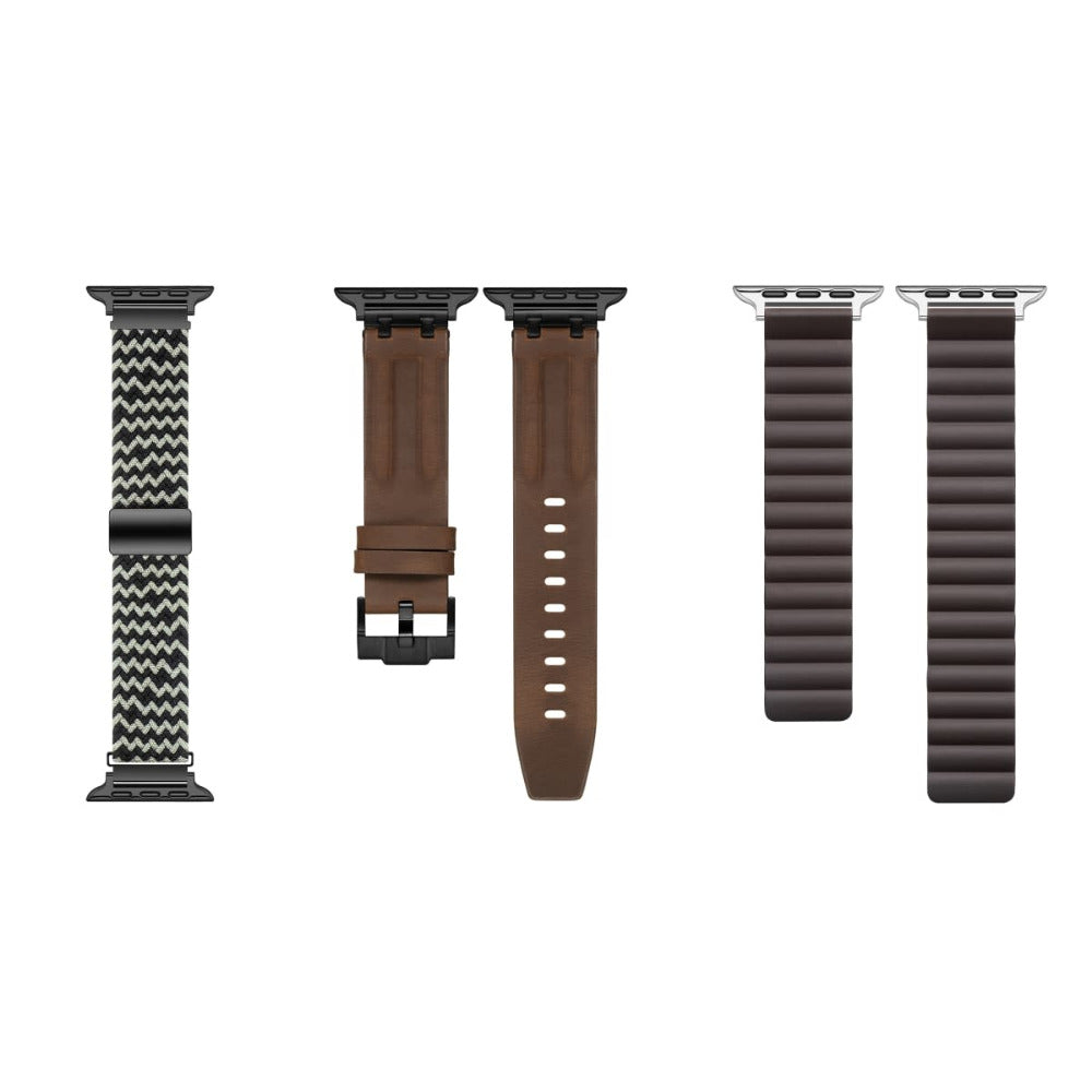 Apple Watch Band Styles Flat Lay - Black Braided, Brown Leather, and Brown Braided Loop Bands