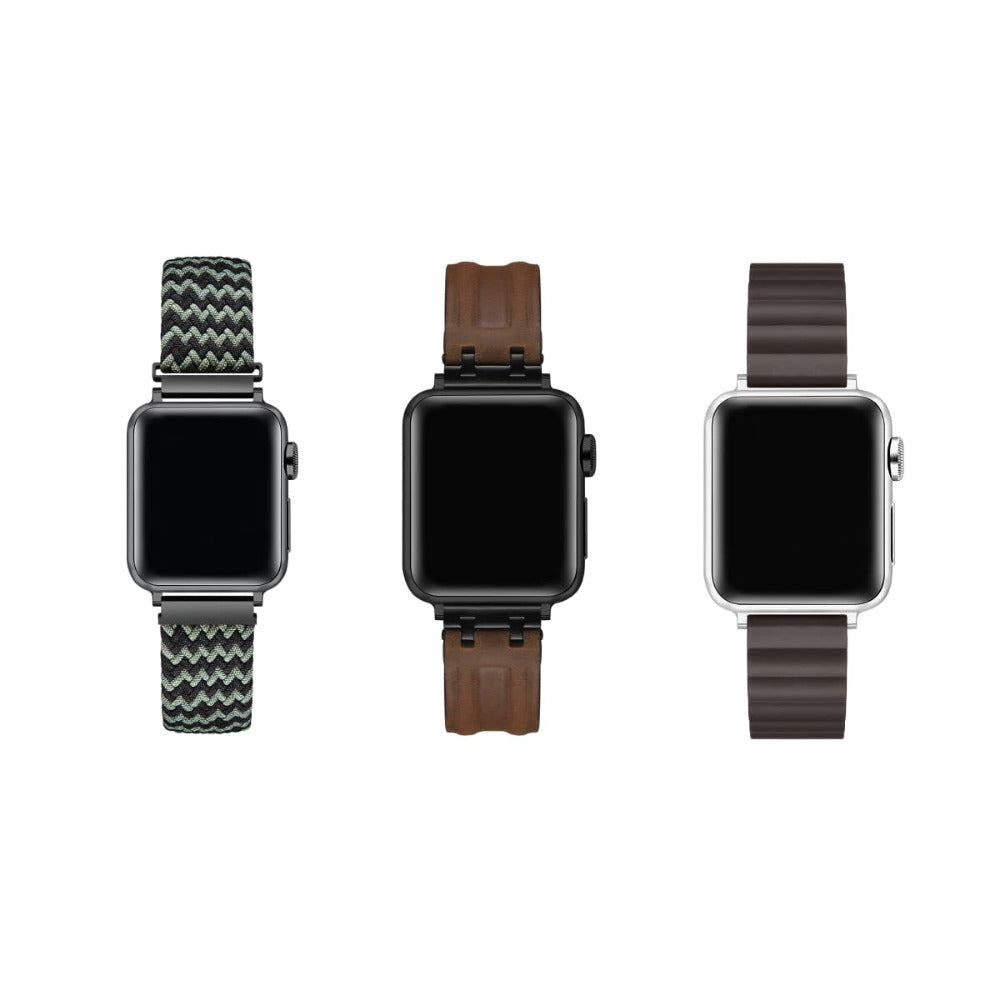 Apple Watch with Interchangeable Bands - Black Braided, Brown Leather, and Brown Braided Loop