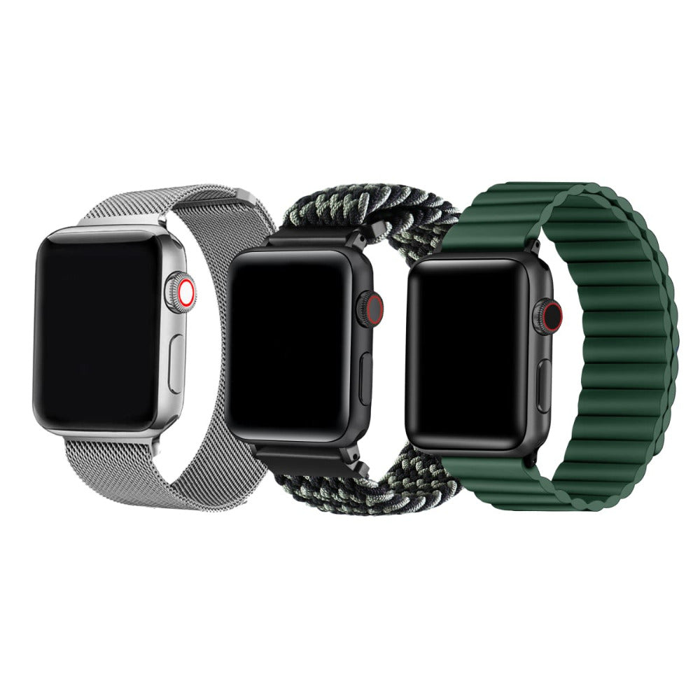 Apple Watch with Interchangeable Bands - Silver Steel Link, Black Braided Loop, and Green Braided Loop