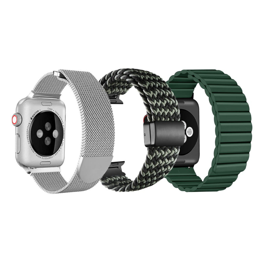 Apple Watch with Braided and Loop Bands - Black/White Braided Band and Green Braided Loop Band
