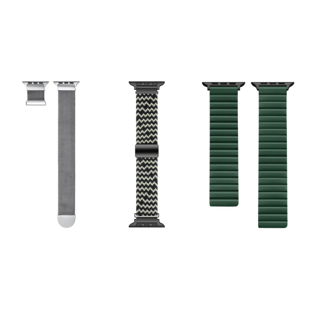 Apple Watch Band Styles Flat Lay - Grey Braided, Black Braided, and Green Braided Loop Bands