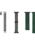 Apple Watch Band Styles Flat Lay - Grey Braided, Black Braided, and Green Braided Loop Bands