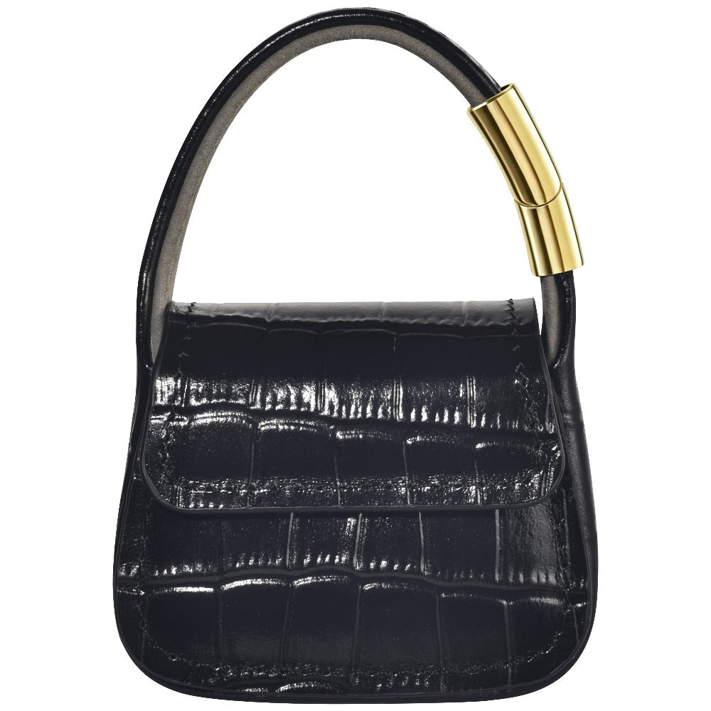 Black croc embossed mini purse charm for AirPods Pro, closed