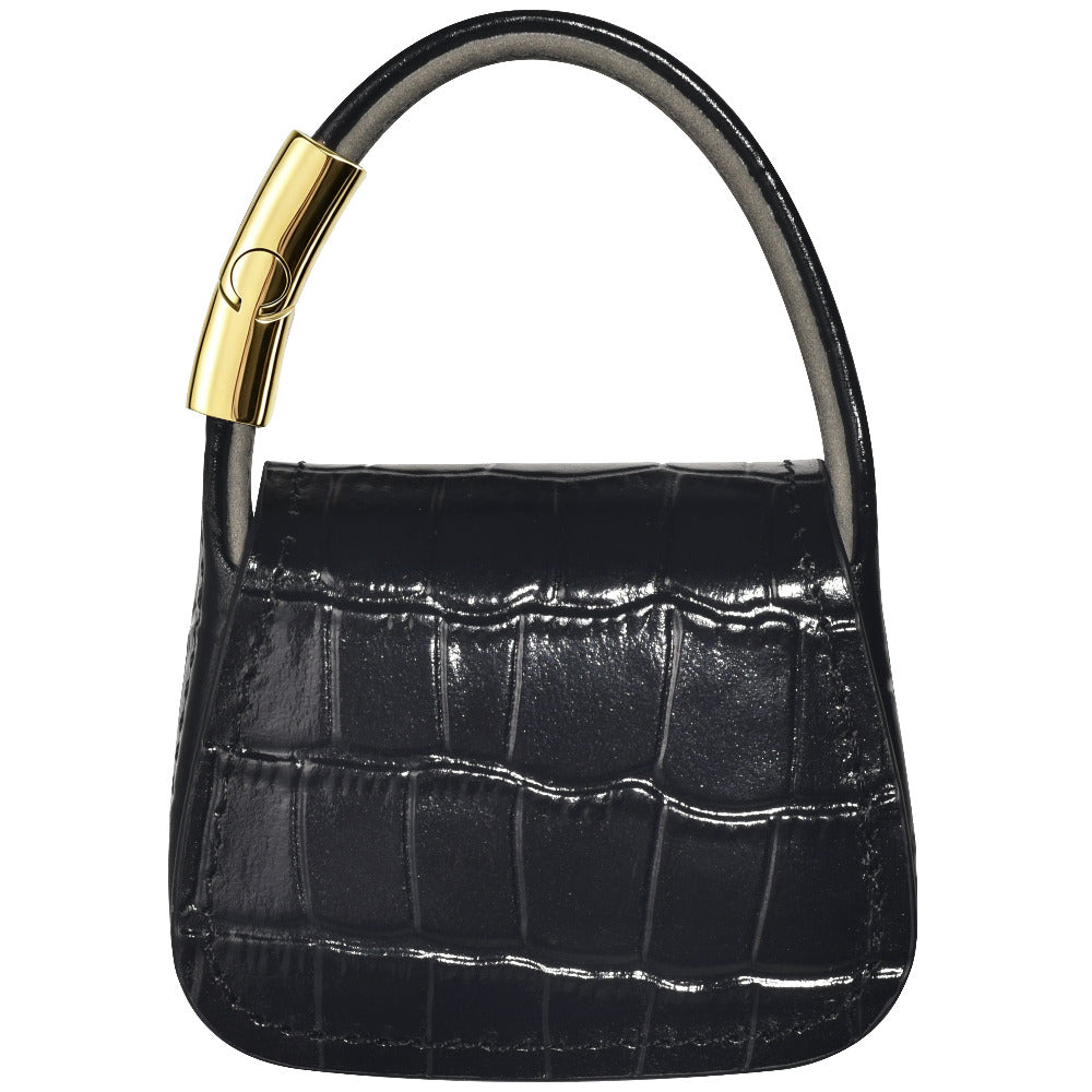 Black croc mini purse AirPods case, side view