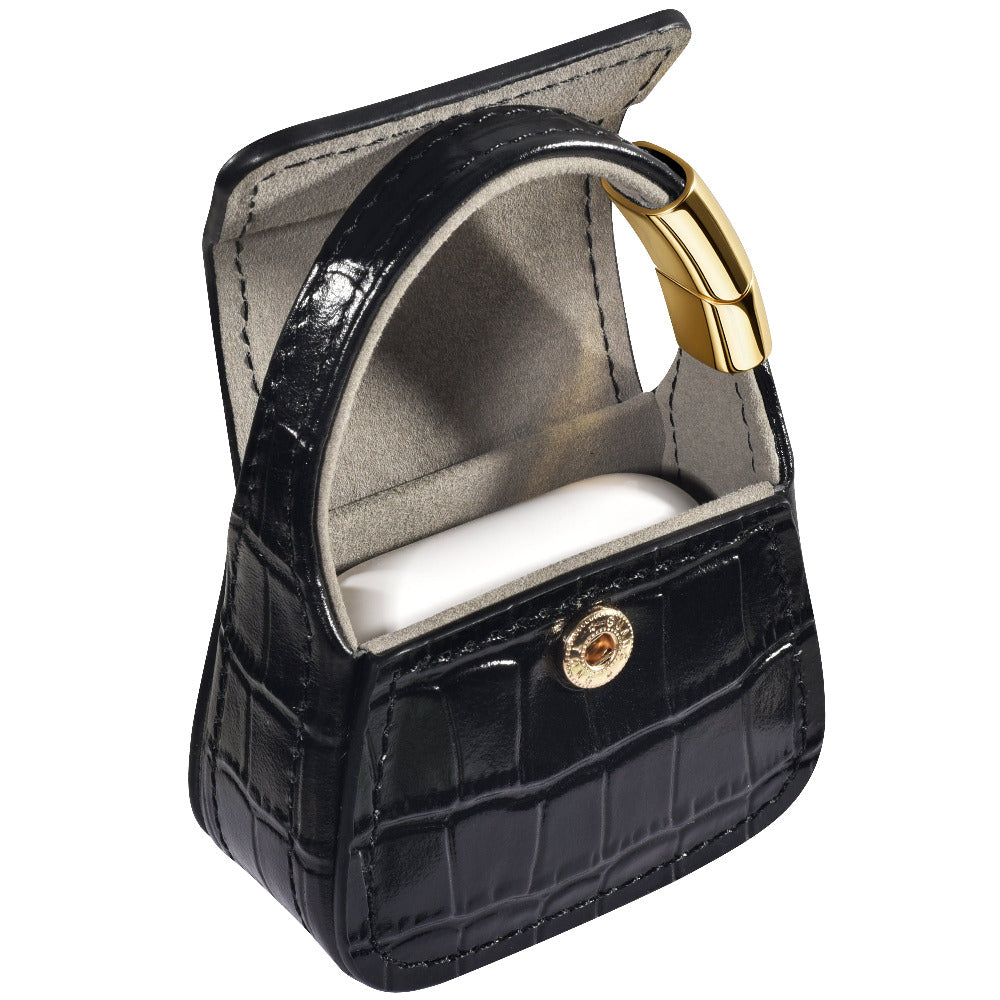 Black croc mini bag AirPods case, flap open, empty interior