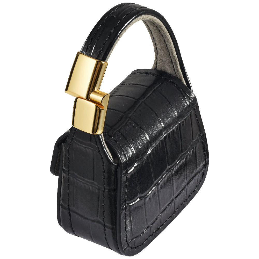 Black croc AirPods Pro purse charm, front view with gold hardware
