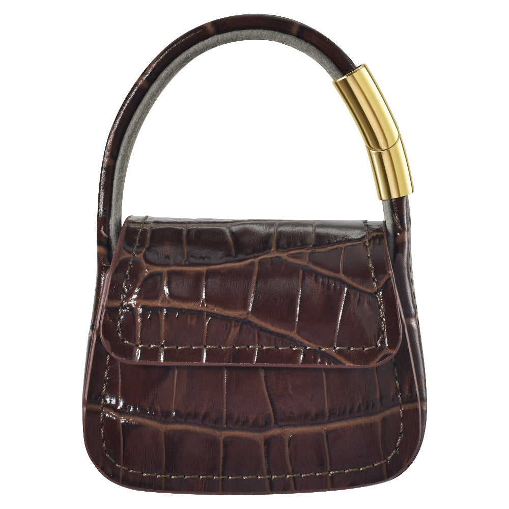 Brown croc embossed mini purse charm for AirPods Pro, closed