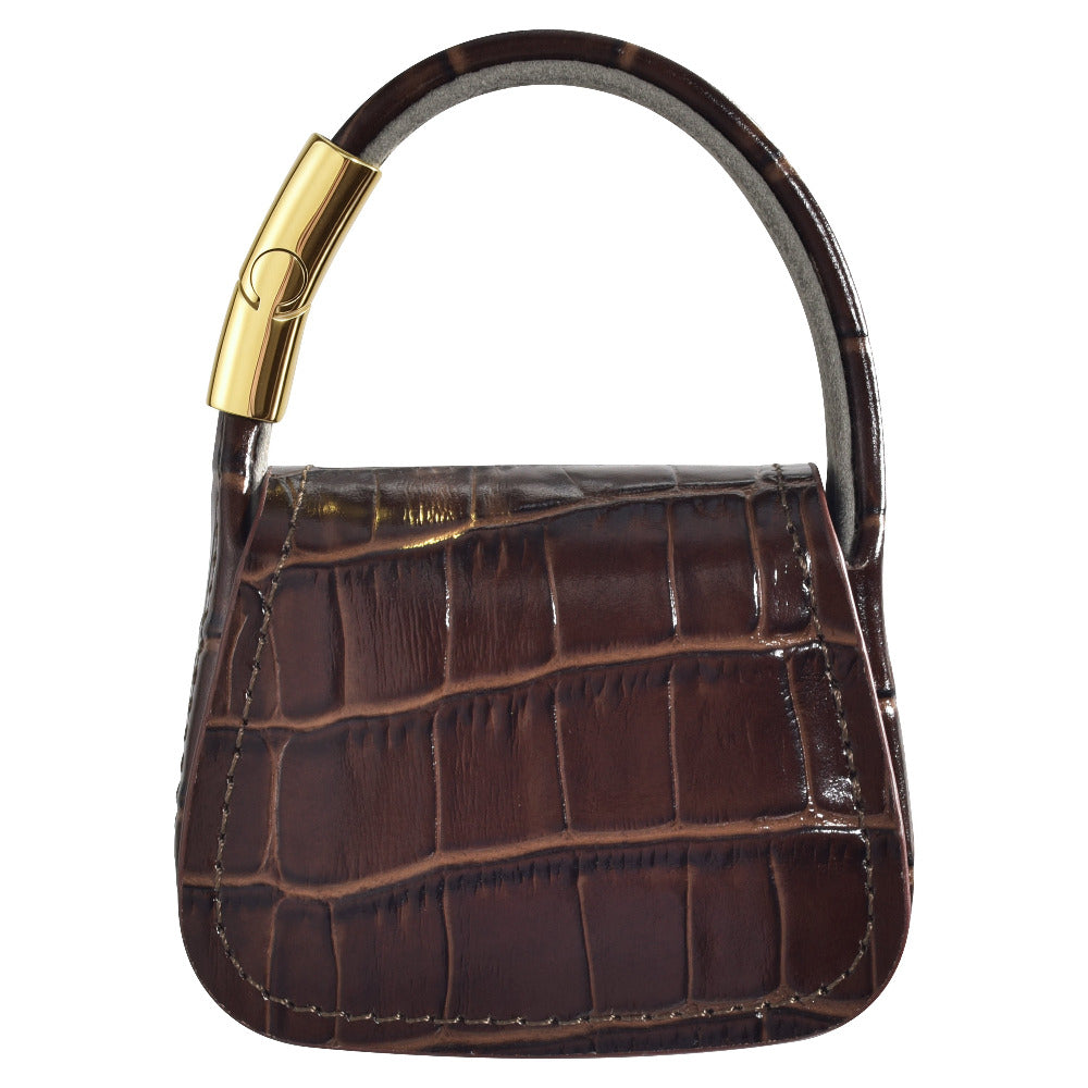 Brown croc mini purse AirPods case, side view