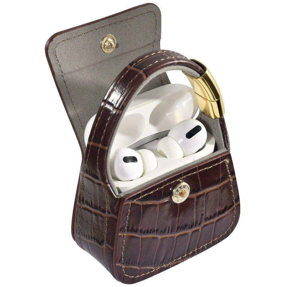 Open brown croc purse charm showing AirPods Pro case inside