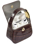 Open brown croc purse charm showing AirPods Pro case inside