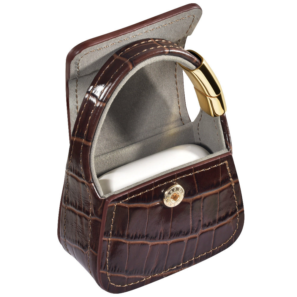 Brown croc mini bag AirPods case, flap open, empty interior