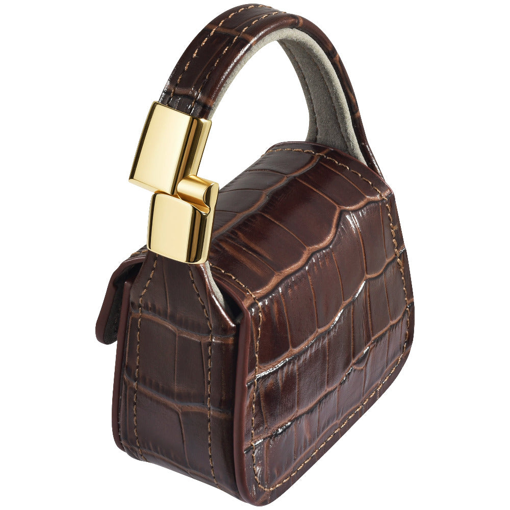 Brown croc AirPods Pro purse charm, front view with gold hardware